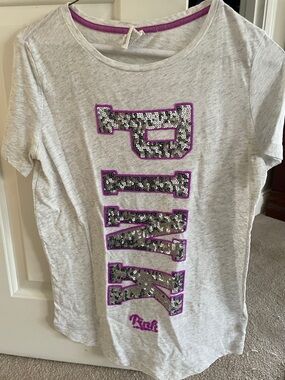PINK Victoria's Secret ' Gray Sequin Logo Tee - Gray with Purple Trim
